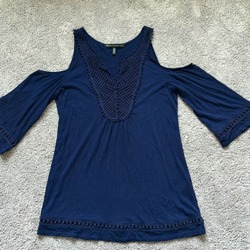 Navy Blouse with Cutout Shoulders